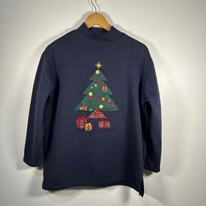 Karen Scott Navy Mock Neck Christmas Tree Sweatshirt Women's Size L‎
